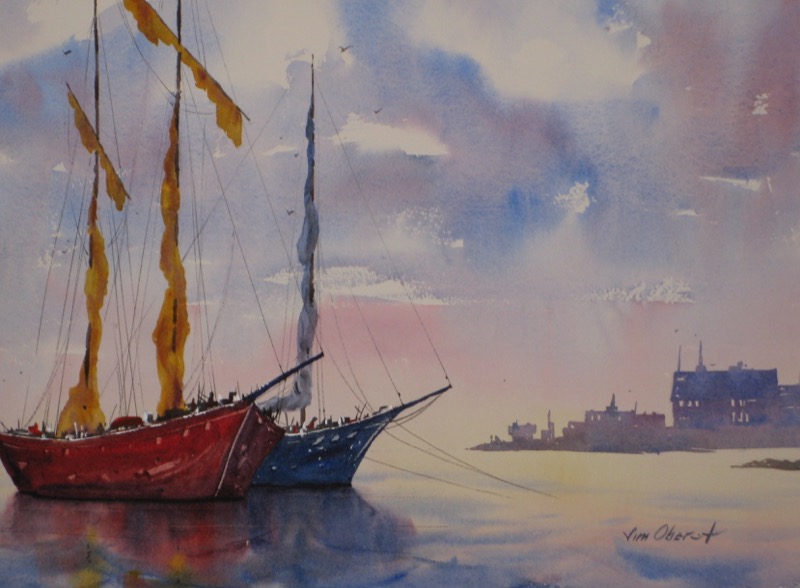 landscape, seascape, ship, anchor, city, harbor, original watercolor painting, oberst